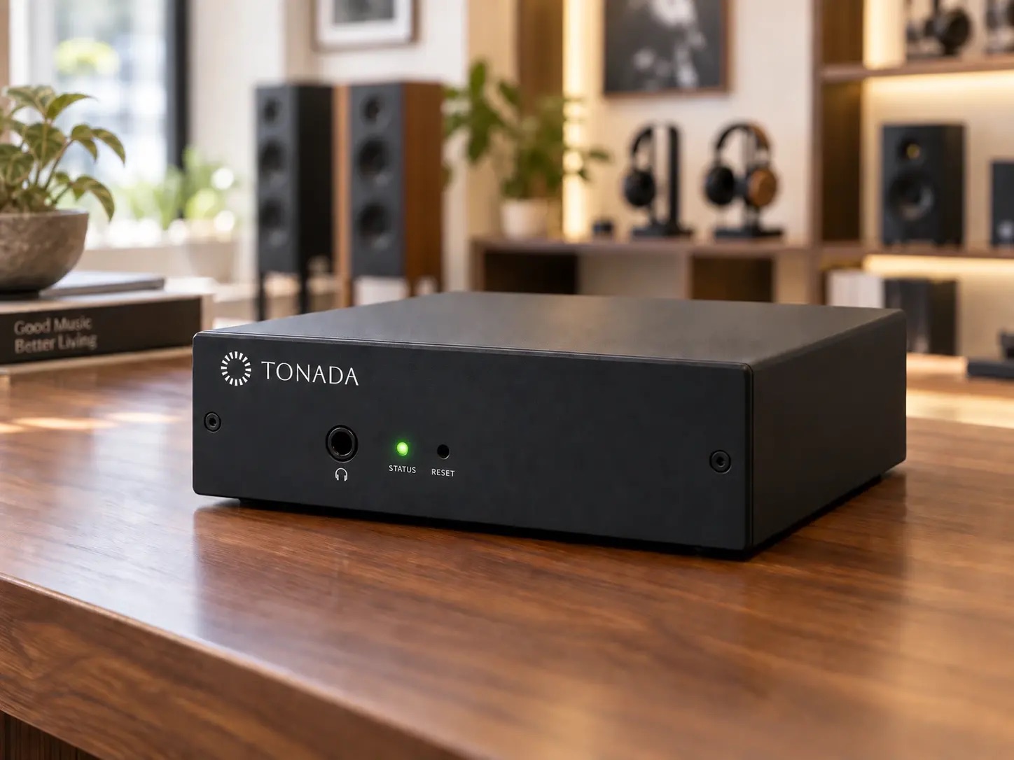 The Tonada Player Box on a wooden counter, with headphone jack, status light and reset button on the front
